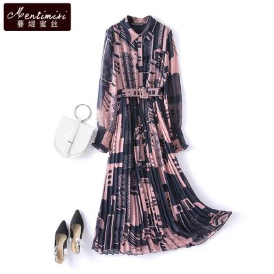 China 2022 Viable Women's Long Sleeve Chiffon Floral Print Chiffon Elastic Waist Hot Casual Dress V-Neck French Women Elegant Dress Long for sale