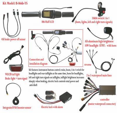 China Electric Bicycle Mountain Bike Moped Waterproof Wiring Kit/Accessories/Light 886 PBEV886 Meter Headlight Tail Controller for sale