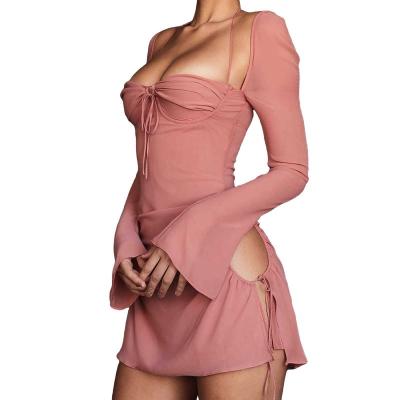 China Sexy Sleeve Mini Dress, Breathable Women's Hollow Out Low Mini Dress Long Cut Out Short Long Sleeve Dresses, Club Bodycon Dress for sale