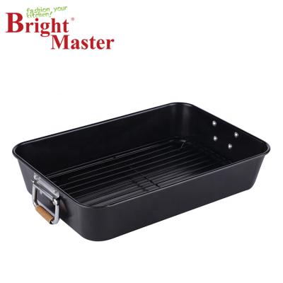 China Durable Heavy Duty Carbon Steel Non-Stick Rectangular Rotisserie Pan with Folded Handle and Rack for sale