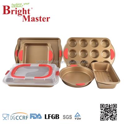 China Sustainable 10pcs Carbon Steel Nonstick Gold Bakeware Set With Silicone Handle for sale