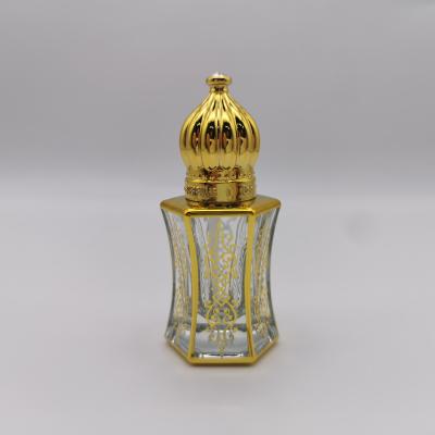 China Cosmetic Special Octagonal Square Shape 6ml Attar Perfume Oil Glass Bottle With Luxury Royal Crown Cap for sale