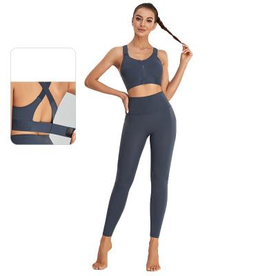 China 2022 Custom Logo Fitness Breathable Spandex Nylon Women Front Zipper Adjustable Straps High Print Push Up Bra Gaiters Plus Size Yoga Sets for sale