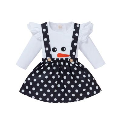 China Christmas Children's Clothing Snowman Flying Sleeve Top Sweater + Black Polka Dot Skirt Girls Strap Set for sale