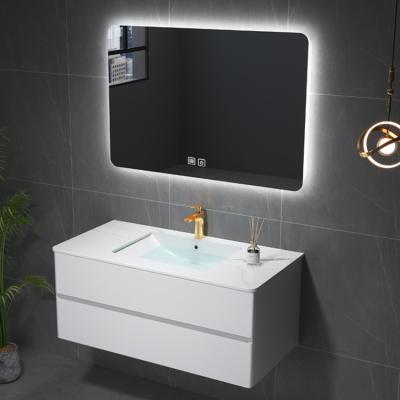 China Eco - Friendly Wooden Bathroom Vanity With Sink Wall Hung With LED Mirror for sale