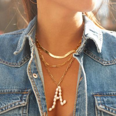 China Hot Selling Gold Stainless Steel Link Chain Freshwater Pearl Initial Stackable Natural Statement Necklace Tasty /Fashionable Women 2022 News for sale