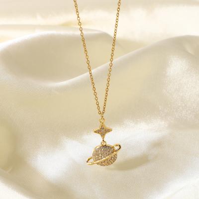 China Tasty Popular Women's Micropaved White Zirconia Stone /Fashionable Tarnish Free Waterproof Star Planet Earth Gold Stainless Steel Pendent Necklace for sale