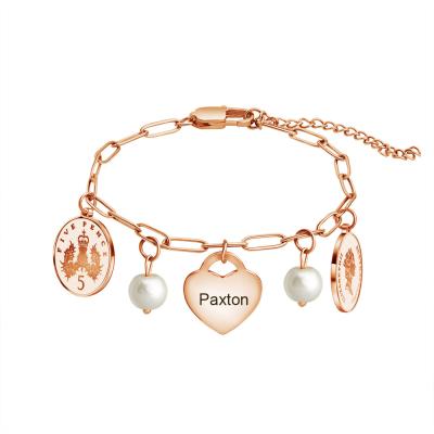 China DIY Environmental Friendly Rose Gold Curb Chain Designer Women Bead Heart Charm Bracelet for sale