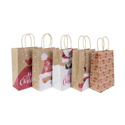 China Recycled Materials Customized Christmas Paper Bag Brown Shopping Tote Handle Flat Kraft Paper Bag For Clothing Shoes Grocery for sale