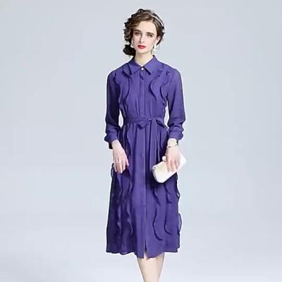 China Anti-static French Style Chiffon Autumn Long Sleeve Frilled Midi Slim Elegant Shirt Dress for sale