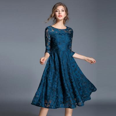 China Women's Anti-Static Clothing Wholesale Spring Summer Plus Size Large Three Quarter Elegant Slim Lace Flare Midi Dress for sale