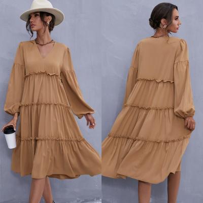 China Casual Dress 2021 Autumn Winter Womens Solid Elegant V-neck Tiered Anti-static Tendril Long Sleeve Flare Loose Dress for sale