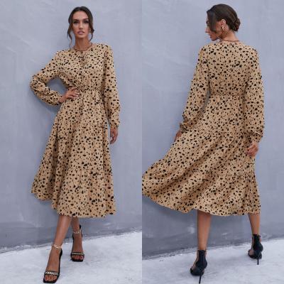 China Anti-Static Ladies Fashion Round Neck Bands Leopard Print Long Sleeve Elegant Tiered Midi Dress for sale