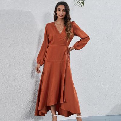 China Anti-Static Ladies Plain Long Sleeve Casual Fashion Tie V-Neck Large Asymmetrical Rocket Midi Maxi Dress for sale