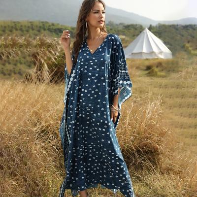 China New Design Summer Anti-static Long Middle East Women's Abaya Printed Bat Wing Half Sleeve Loose Casual Dress for sale