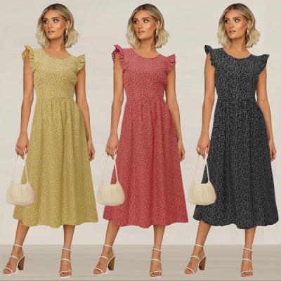 China Anti-Static Fashion Printed Women's Casual A-Line Dress A Soft Ruched Sleeve Summer Pleated Midi Dress for sale