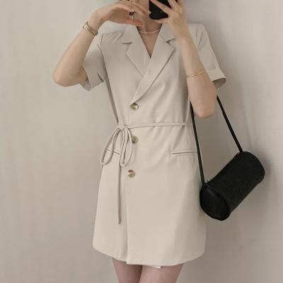 China 2021 Anti-Static Women's Short Sleeve Simple Oblique Breast Suit Dress With Waist String for sale