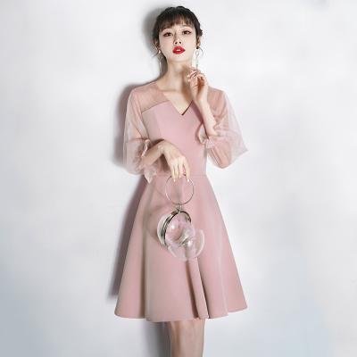 China Pink Anti-static Three Quarter Sleeve Sheer Spliced ​​Mini Flare Party Dress Short Bridesmaid Party Gathering Cocktail Birthday Dress for sale