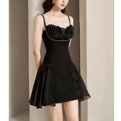 China Anti-Static Black Spaghetti Strap Pleated Slim Fit Flare Spliced ​​Mini Cocktail Party Dress for sale