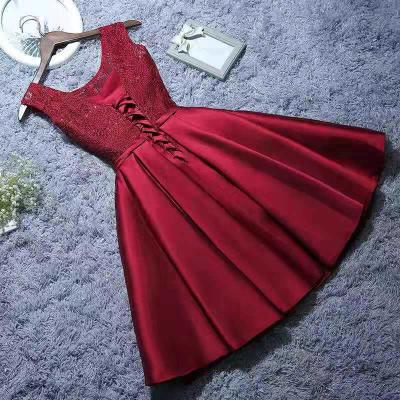 China Sequined Pleated Bridesmaid Dress Mini Tight Flare Party Dress Simple Lace Round Neck Anti-Static Sleeveless for sale