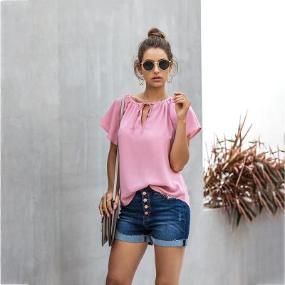 China Factory promotion summer notched trumpet sleeve string v neck satin blouse anti-pilling shorts for sale