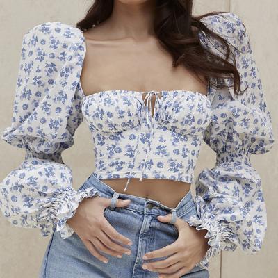 China Anti-pilling long puff sleeve square neck ruched corset floral crop cup bands chiffon top blouse for sale