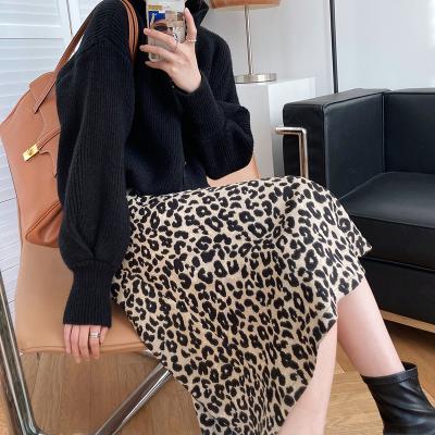 China High Waist Anti-Static Leopard Skirts Women Autumn New Design Midi Corduroy A Line Skirts for sale