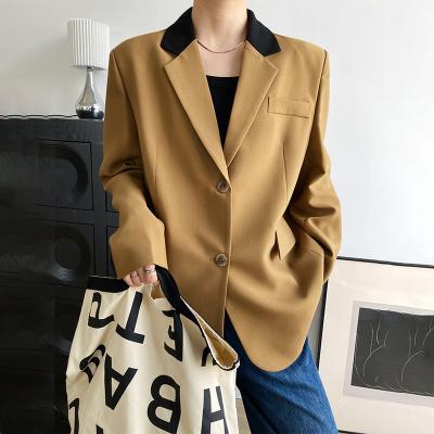 China 2021 Autumn Clothes High Quality Contrast Breathable Collar Women Single Breasted Blazer Office Lady Casual Loose Suit Jacket for sale