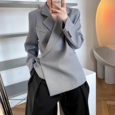 China New Autumn Women Clothes Factory Wholesale Lady Asymmetrical Single Breasted Office 2021 Breathable Tied Blazer Designs for sale