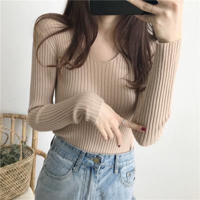 China 2021 Autumn New Design Ladies Slim Knitwear Breathable V-Neck Women's Basic Fine Knit Sweater for sale