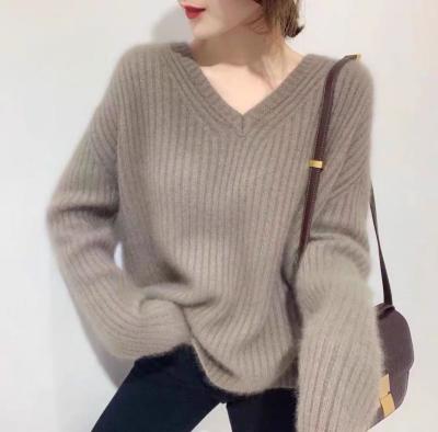 China Breathable Girls Stylish Cool V-Neck Mohair Knitted Oversized Solid Pullover Women Sweater for sale