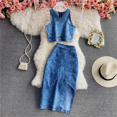 China Breathable Fitted Asymmetrical Split Tight Pencil Skirt Crop Top Two Piece Set Zipper Crop Denim Tank Top for sale