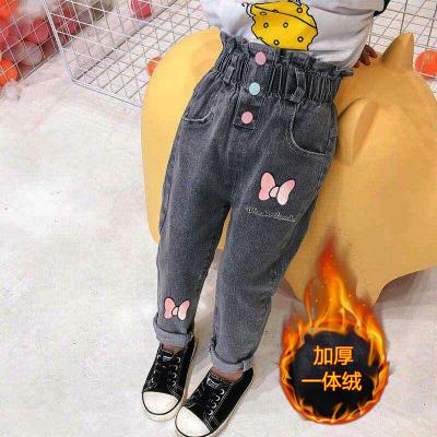 China Fade Proof Kids Little Baby Colored Girls Winter High Waist Elastic Hairy Elastic Ruched Thick Loose Warm Jeans for sale