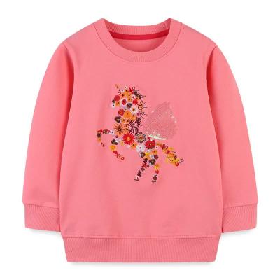 China Anti Shrink Europe USA Style Kids Little Girls Long Sleeve Unicorn Embroidered Cartoon Sweatshirt for sale