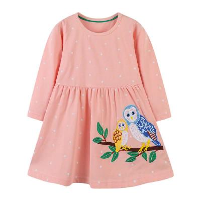 China Little Kids Girls Washable Long Sleeve Embroidered Bird Dot Casual Knit Jersey Dress Cartoon for sale