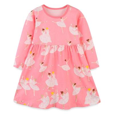 China Washable Kids Little Girls Long Sleeve All Over Printed Casual Knit Jersey Dress for sale