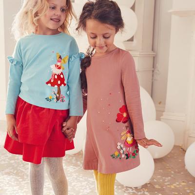 China Washable Kids Little Girls Long Sleeve Casual Embroidered Cartoon Knit Jersey Dress for sale