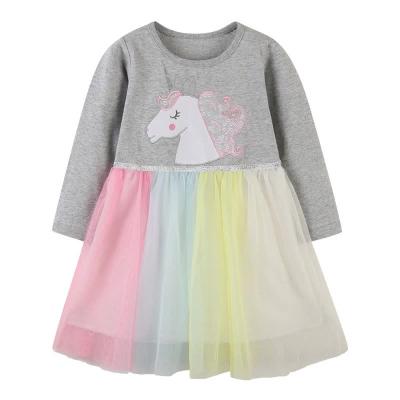 China Kids Little Girls Unicorn Embroidered Casual Tulle Rainbow Long Sleeve Washable Dress for sale