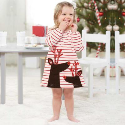 China Little Girls Autumn Christmas New Year Elk Kids Washable Striped Casual Dress for sale