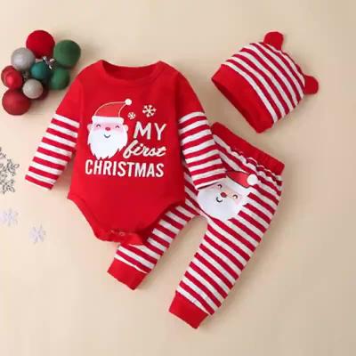 China Baby Boys Christmas Casual Autumn Romper Long Sleeve Striped Spring Pants Two Piece Set for sale