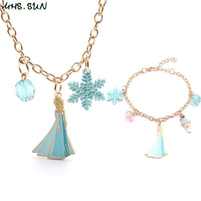 China Elsa Snow Process Kids Alloy Cute Pendants Necklace Bracelet Long Chain Jewelry Set for sale