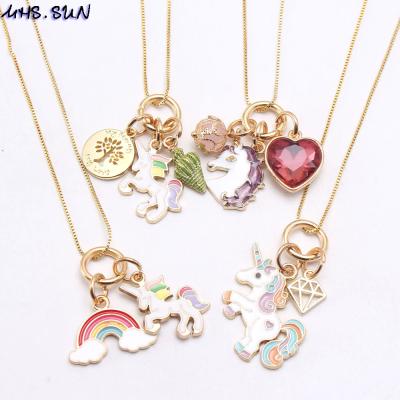 China New Design Fancy Alloy Cartoon Cute Little Girls Unicorn Pendants Long Chain Kids Necklace for sale