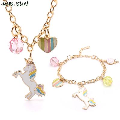 China Lovely Cute Long Chain Bracelet Jewelry Set Unicorn Necklace Pony Alloy Pendants Cartoon Cute Kids New Design for sale