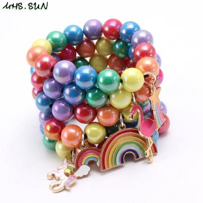 China Cute Alloy Rainbow Pendants Kids Little Girls Fashion Jewelry Cute Coated Candy Colors Acrylic Bead Chain Bracelet Gift for sale