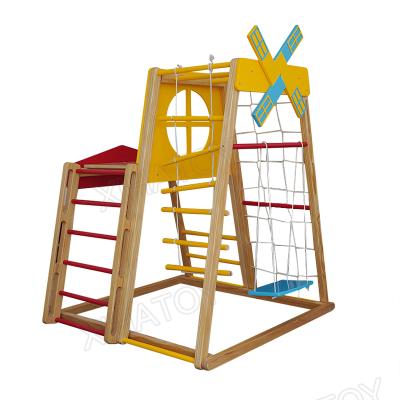 China XIHA Eco-friendly Outdoor Indoor Wooden Playground Toddler Climbing Frame Climb Frame Slide Swing With Windmill for sale