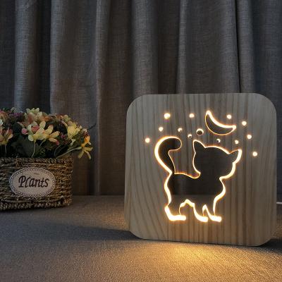 China Custom Wooden Night Lamps Cat Wolf Unicorn Dinosaur Decorative Wood Hollow 3D USB Traditional Wooden Night Light Animal for sale