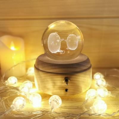 China Traditional 3D Crystal Ball Music Box Luminous Rotating LED Light Wood USB DC5V Low Charging Wooden Base for sale