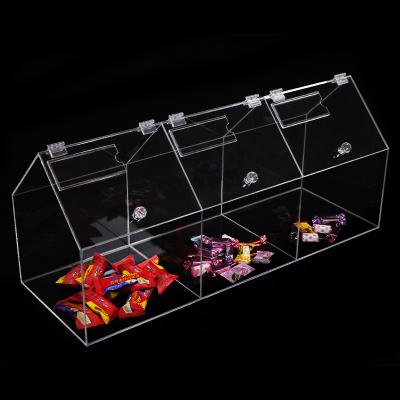 China Three Lattice Clear Acrylic Dry Food Bins Stand Transparent Sweet Candy Box Stackable Candy Display Rack 600x210x260mm for sale