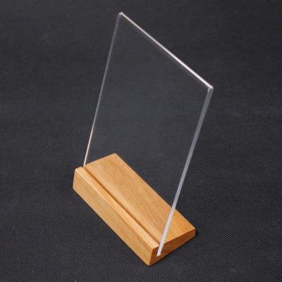 China L Shape Custom Acrylic Wooden Sign Holder A4 A5 A6 Insert Card Menu Photo Display Stand With Wooden Low Oblique Shape for sale