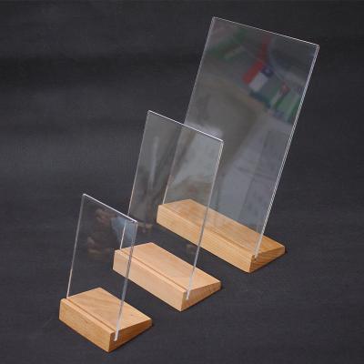 China Custom Sizes A3 A4 A5 A6 A3 A4 A5 A6 A3 A4 A5 A6 Low Angle Oblique Wooden Acrylic Wooden Base Card Menu Insert Holder Sign Shape for sale